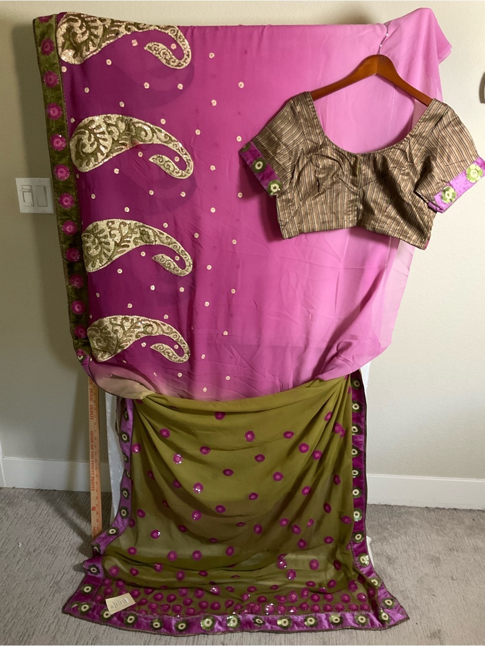 Pink and Olive Embroidered Women's Saree with Striped Blouse